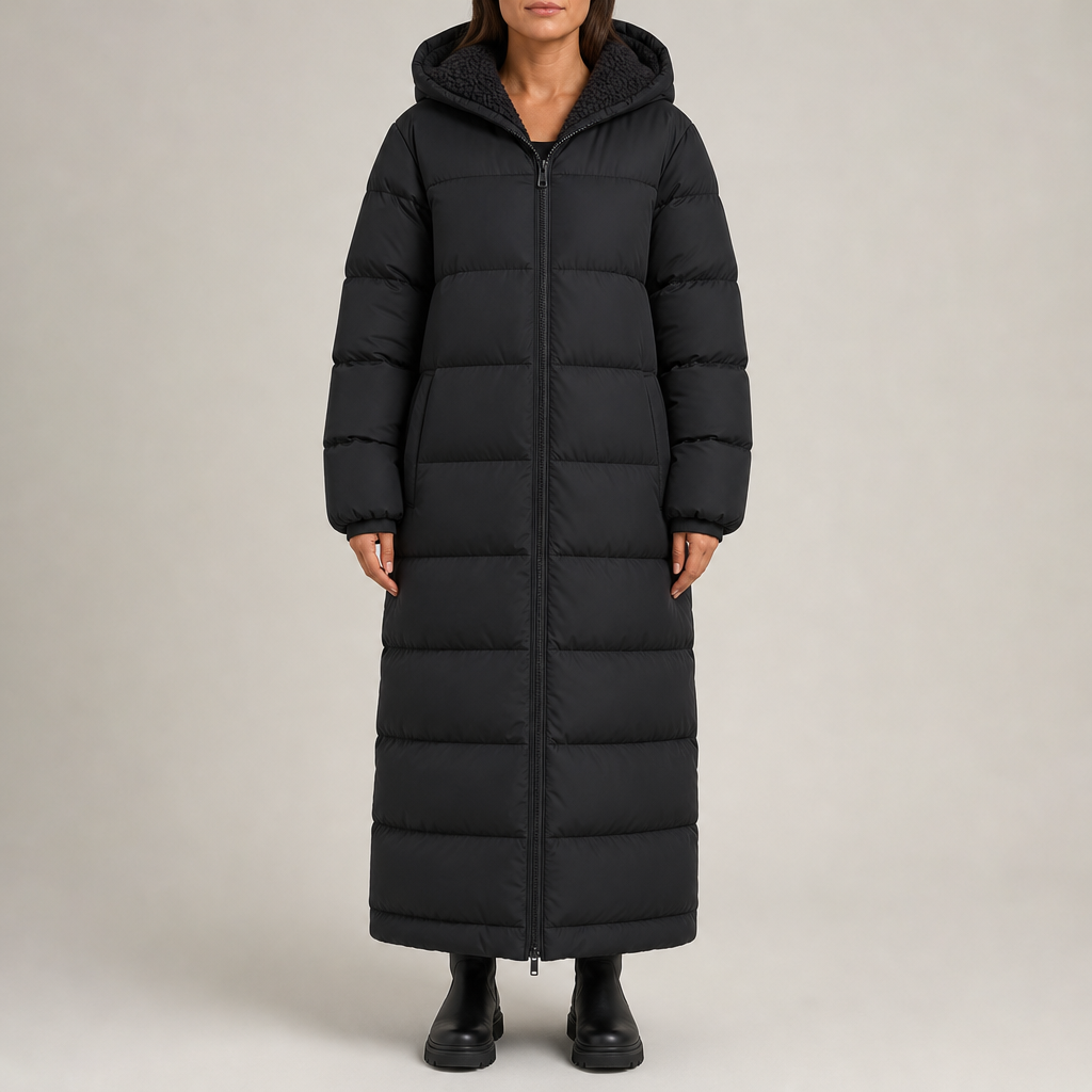 Women's hooded padded maxi puffer coat with sherpa lining and zip front in black – front view