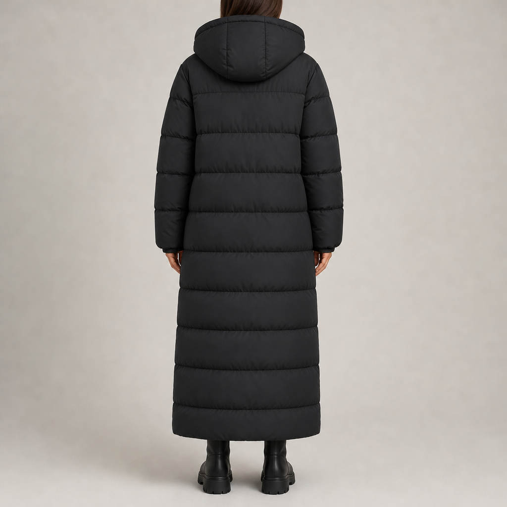 Women's hooded padded maxi puffer coat with sherpa lining and zip front in black – back view