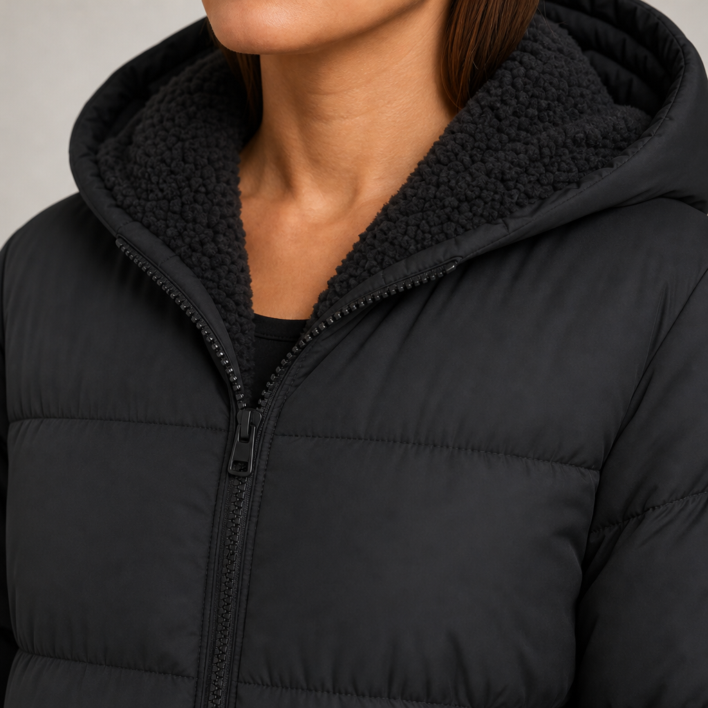 Women's hooded padded maxi puffer coat with sherpa lining and zip front in black – detail close-up