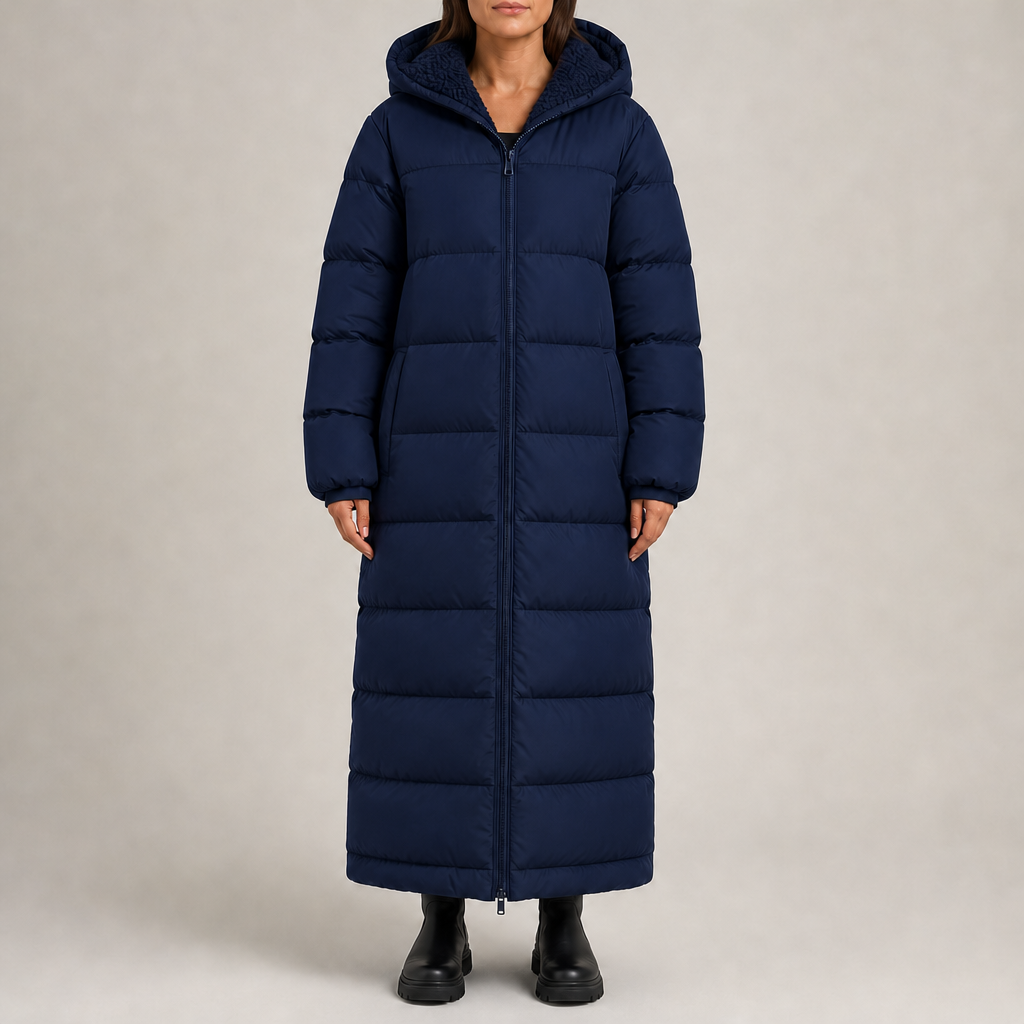 Women's hooded padded maxi puffer coat with sherpa lining and zip front in navy – front view