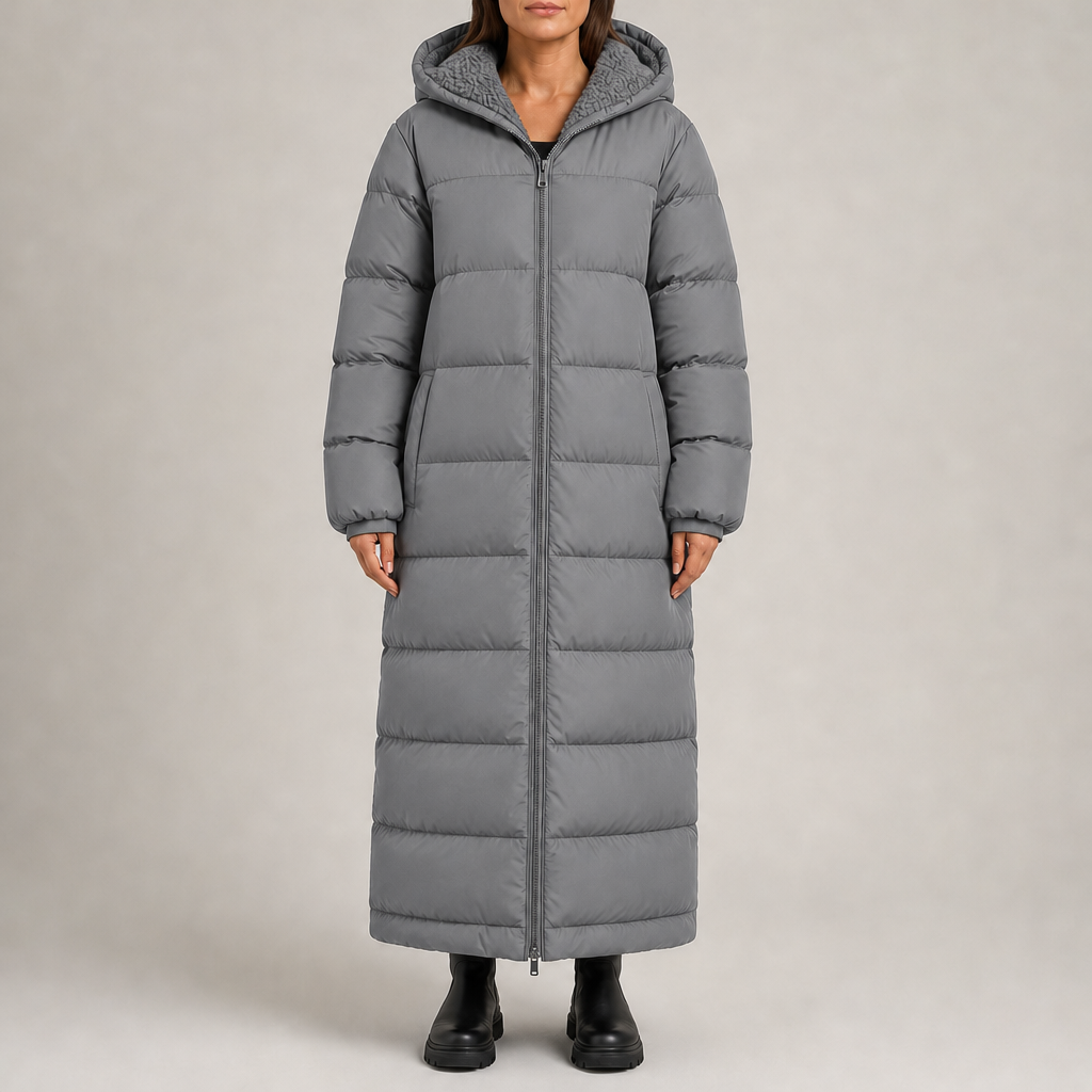 Women's hooded padded maxi puffer coat with sherpa lining and zip front in grey – front view