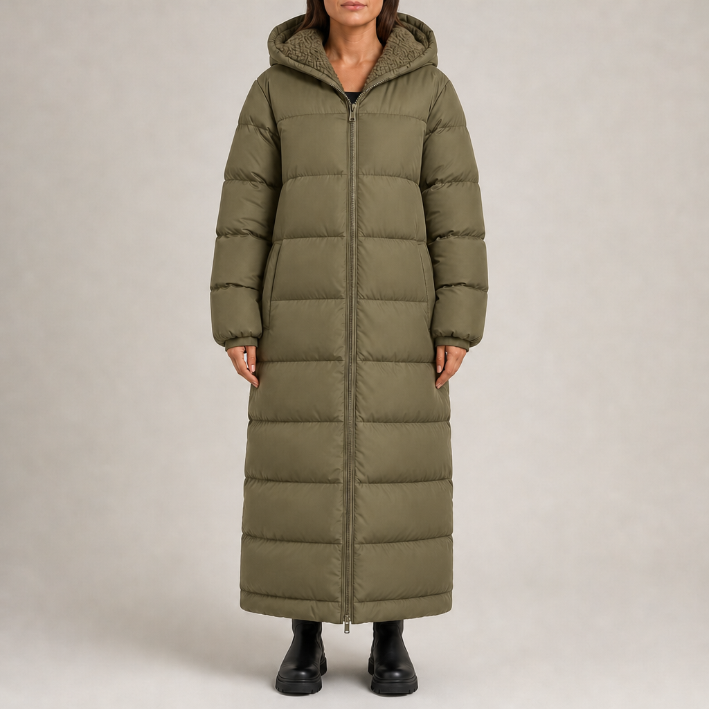 Women's hooded padded maxi puffer coat with sherpa lining and zip front in khaki – front view