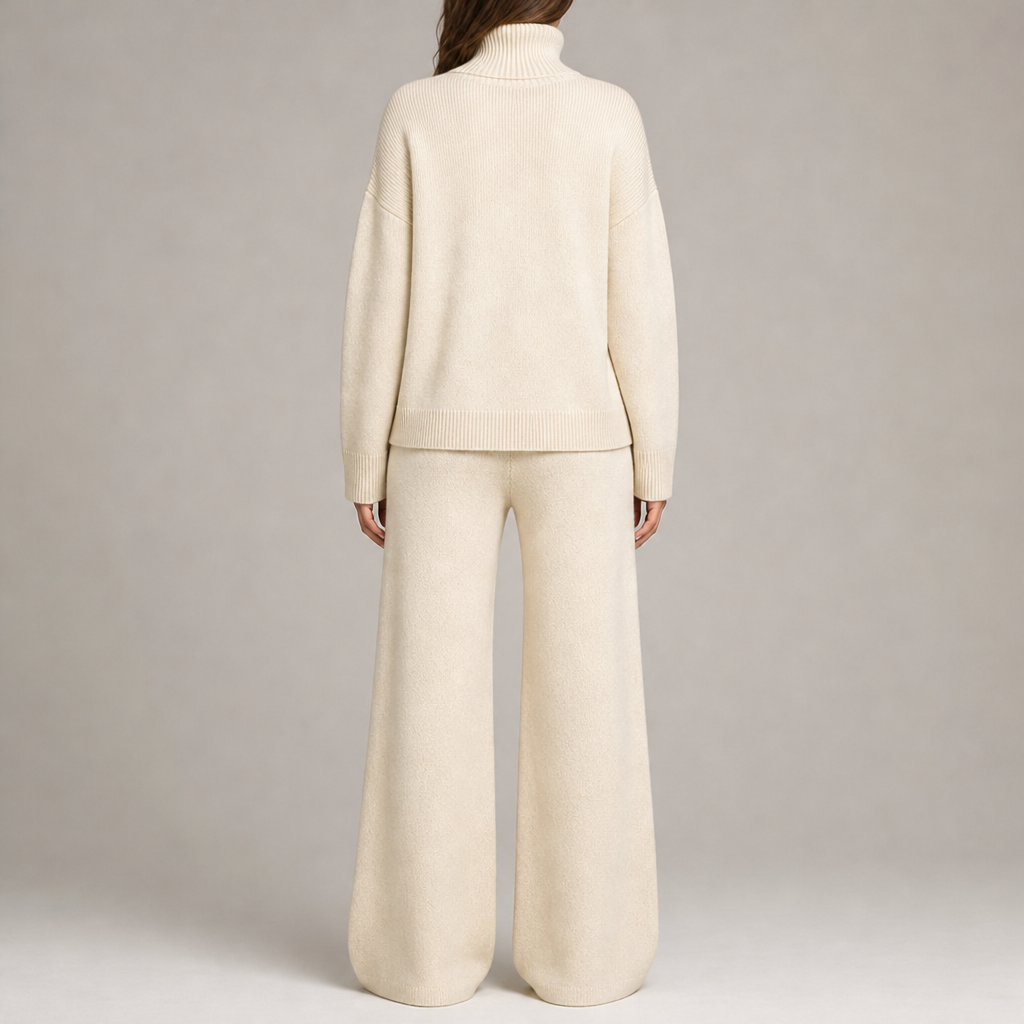 Women's knit co-ord set with roll-neck jumper and wide-leg trousers in cream – back view