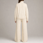 Women's knit co-ord set with roll-neck jumper and wide-leg trousers in cream – back view
