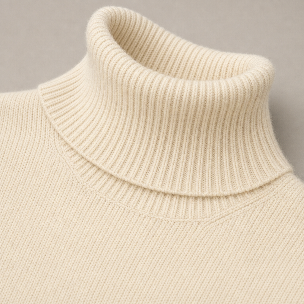 Women's knit co-ord set with roll-neck jumper and wide-leg trousers in cream – detail close-up