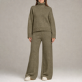 Women's knit co-ord set with roll-neck jumper and wide-leg trousers in khaki – front view