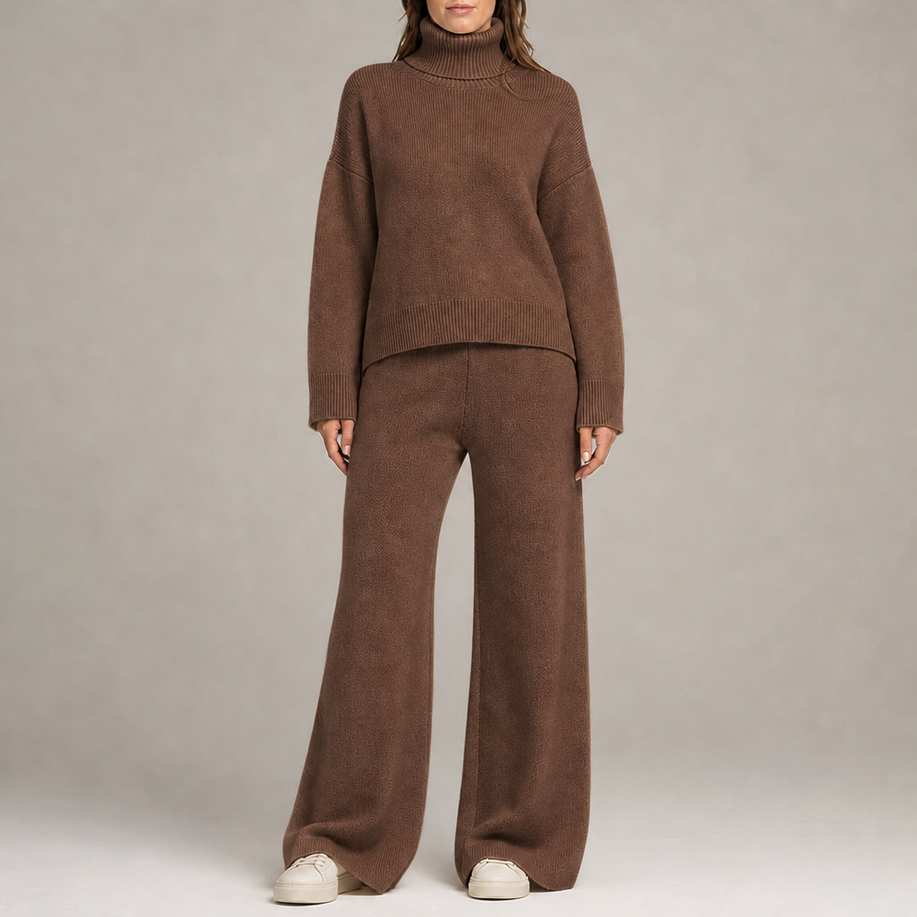 Women's knit co-ord set with roll-neck jumper and wide-leg trousers in brown – front view