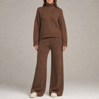 Women's knit co-ord set with roll-neck jumper and wide-leg trousers in brown – front view