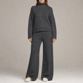 Women's knit co-ord set with roll-neck jumper and wide-leg trousers in dark grey – front view
