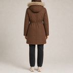 Women's loose-fit padded parka with faux fur trim hood in brown – back view