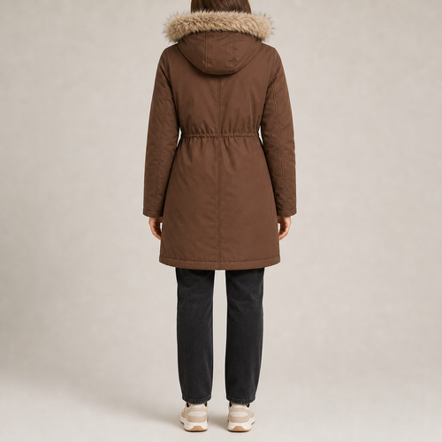 Women's loose-fit padded parka with faux fur trim hood in brown – back view