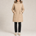 Women's loose-fit padded parka with faux fur trim hood in beige – front view