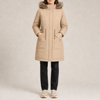 Women's loose-fit padded parka with faux fur trim hood in beige – front view