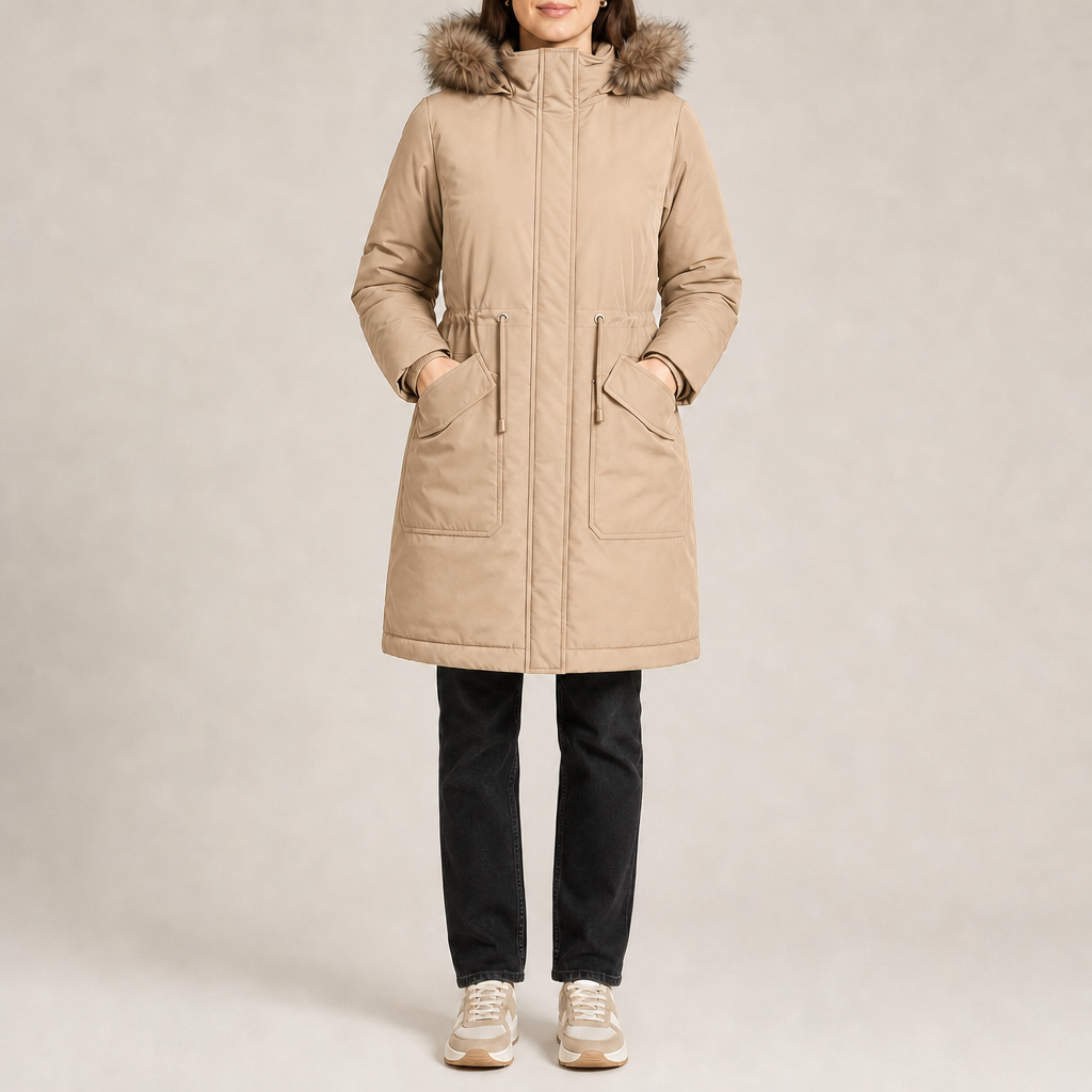 Women's loose-fit padded parka with faux fur trim hood in beige – front view