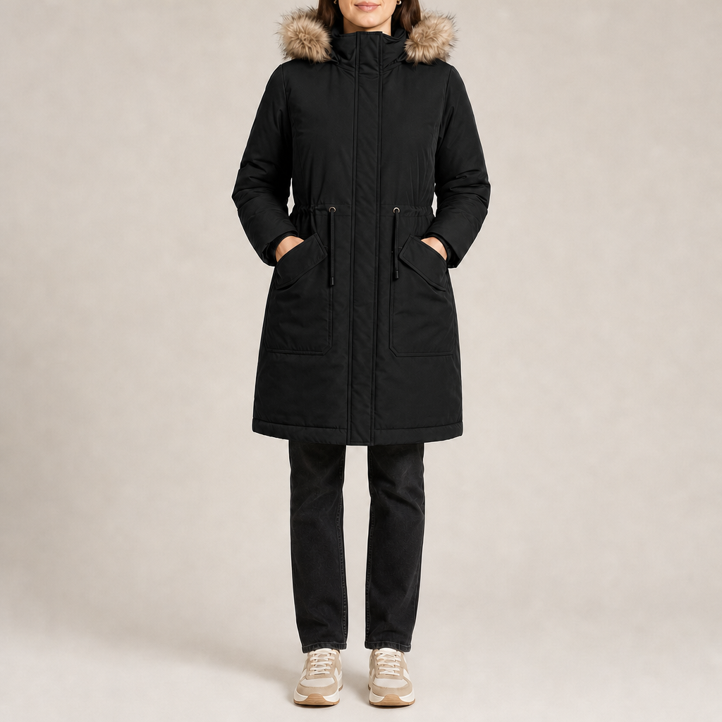 Women's loose-fit padded parka with faux fur trim hood in black – front view