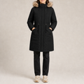 Women's loose-fit padded parka with faux fur trim hood in black – front view
