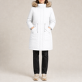 Women's loose-fit padded parka with faux fur trim hood in white – front view