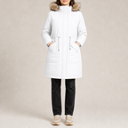 Women's loose-fit padded parka with faux fur trim hood in white – front view