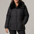 Women's puffer jacket with faux fur collar in black – front view