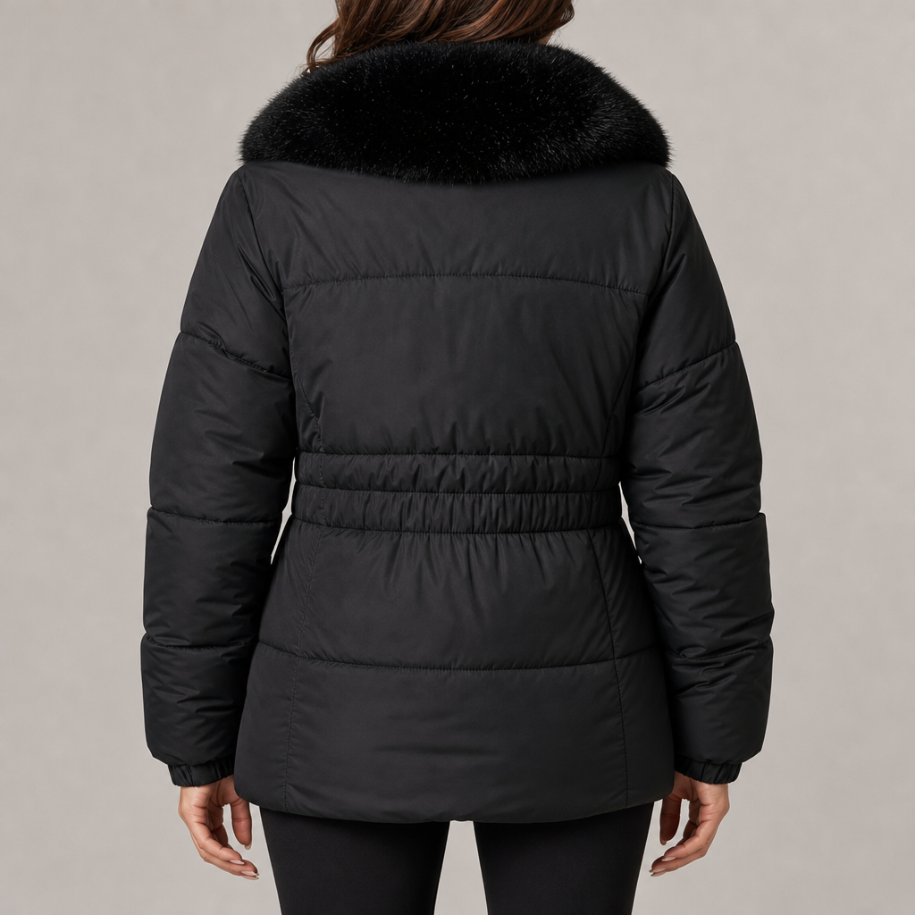 Women's puffer jacket with faux fur collar in black – back view