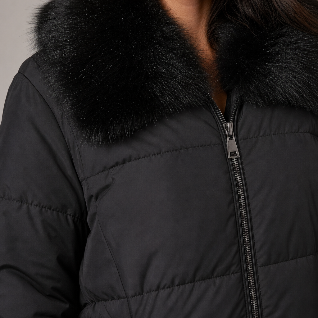 Women's puffer jacket with faux fur collar in black – detail close-up