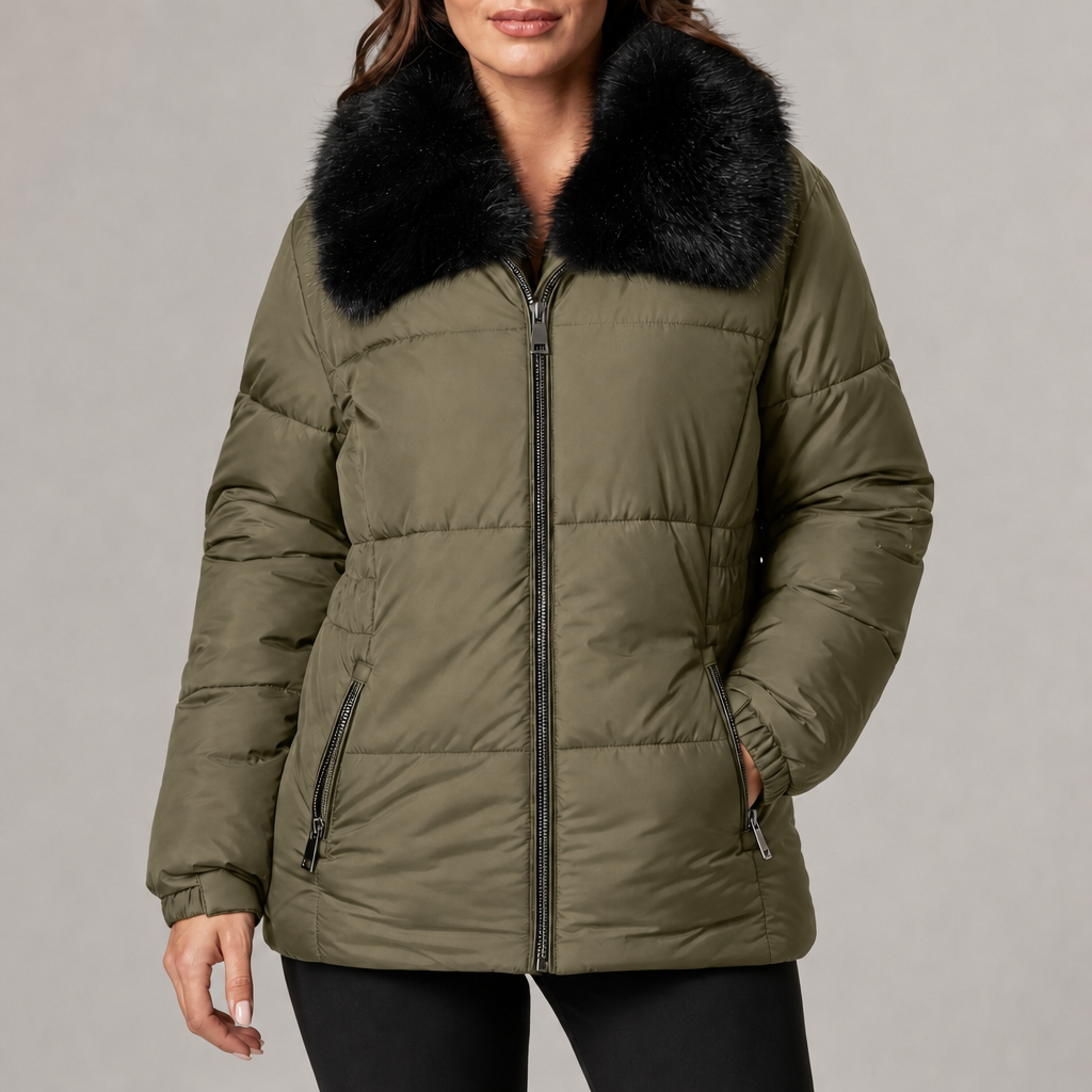 Women's puffer jacket with faux fur collar in khaki – front view