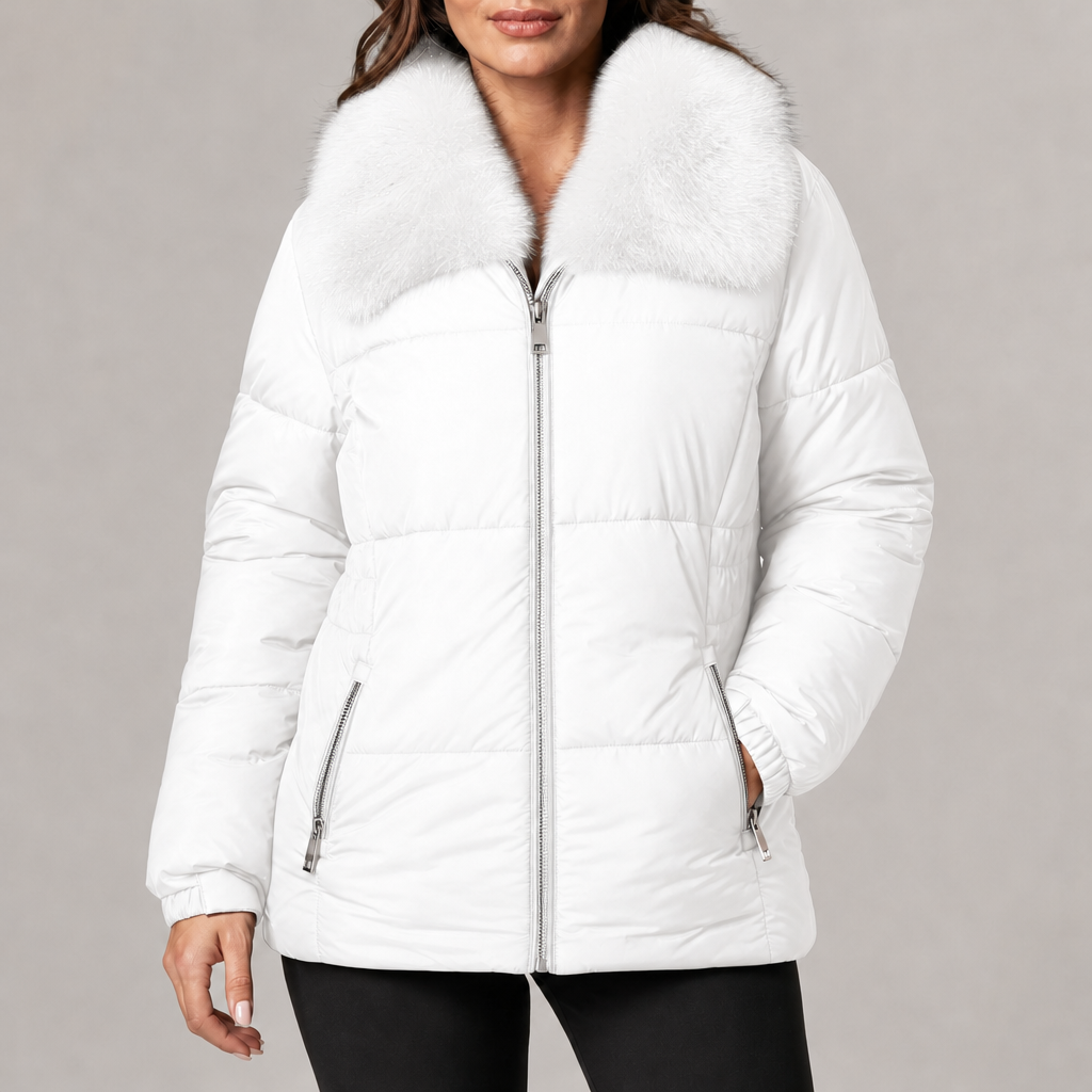 Women's puffer jacket with faux fur collar in white – front view