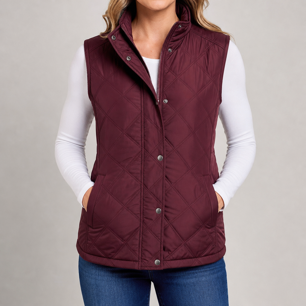 Women's quilted gilet with stand collar, zip and popper front in burgundy – front view
