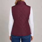 Women's quilted gilet with stand collar, zip and popper front in burgundy – back view