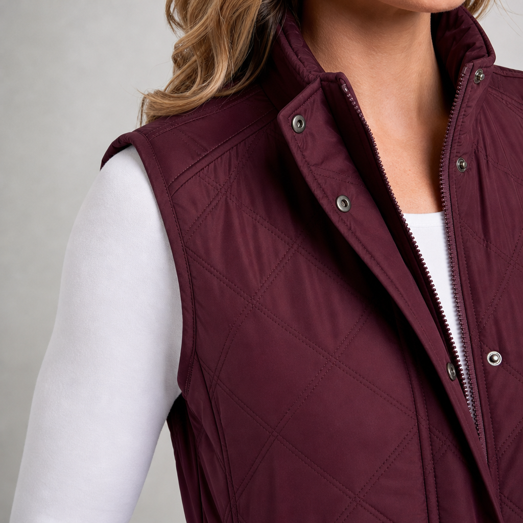 Women's quilted gilet with stand collar, zip and popper front in burgundy – detail close-up