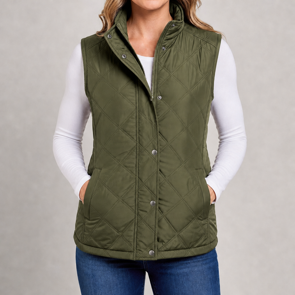 Women's quilted gilet with stand collar, zip and popper front in olive – front view