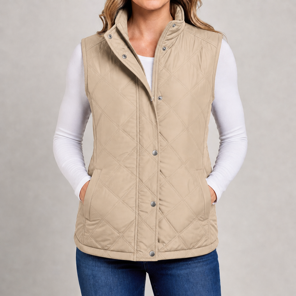Women's quilted gilet with stand collar, zip and popper front in beige – front view