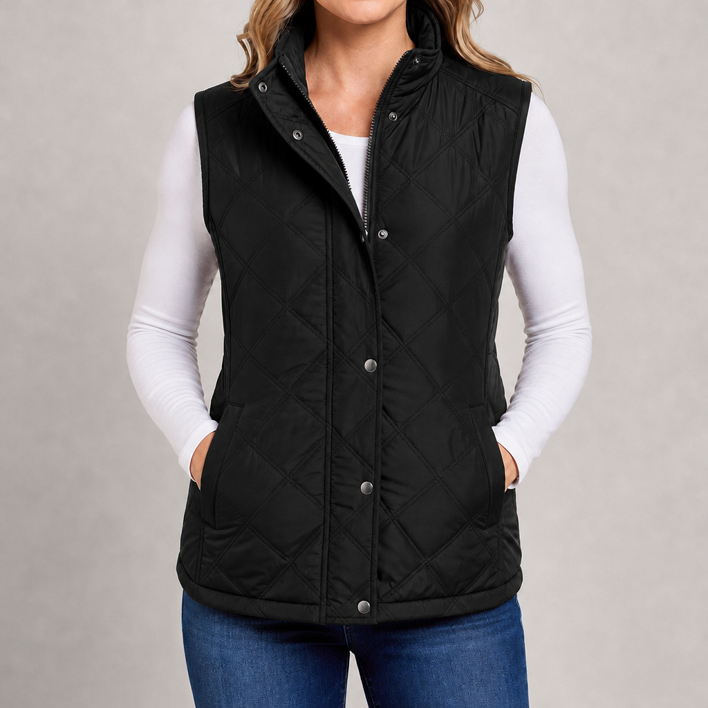 Women's quilted gilet with stand collar, zip and popper front in black – front view