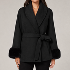 Women's relaxed-fit belted wrap coat with shawl collar and faux fur cuffs in black – front view