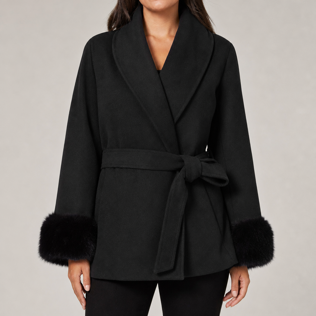 Women's relaxed-fit belted wrap coat with shawl collar and faux fur cuffs in black – front view