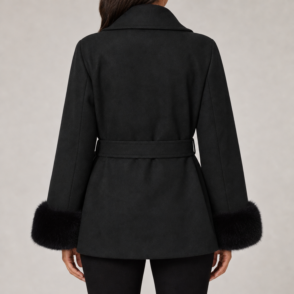 Women's relaxed-fit belted wrap coat with shawl collar and faux fur cuffs in black – back view