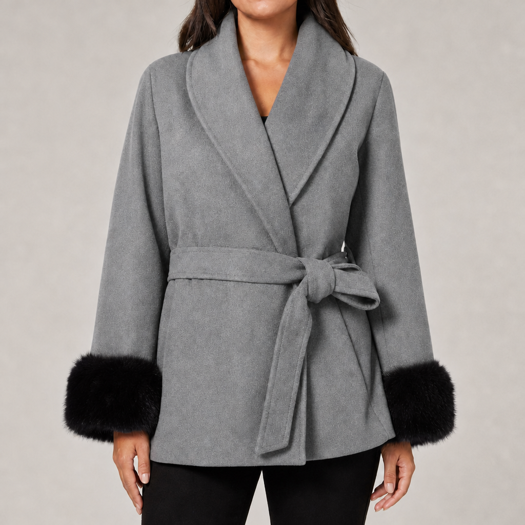 Women's relaxed-fit belted wrap coat with shawl collar and faux fur cuffs in grey – front view