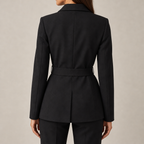 Women's tailored belted blazer with wide lapels in black – back view