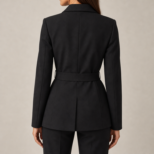 Women's tailored belted blazer with wide lapels in black – back view