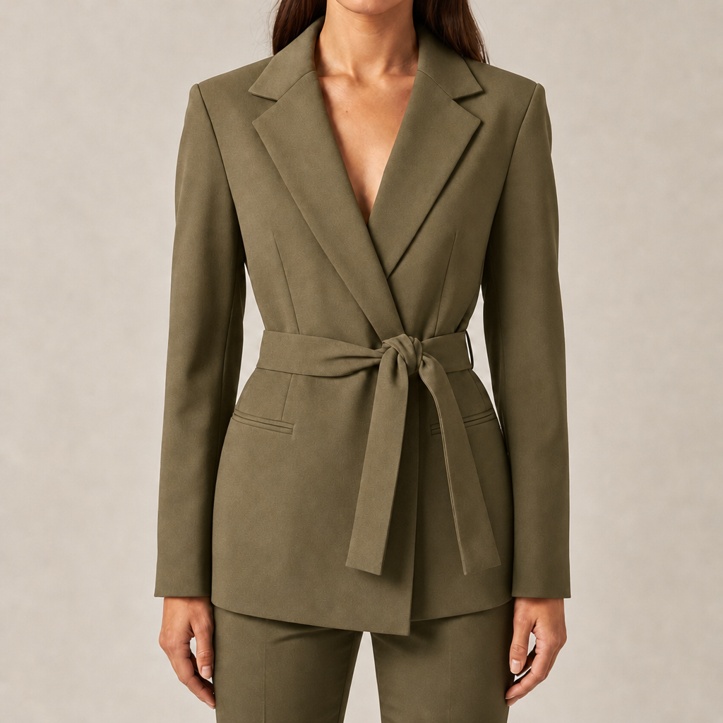 Women's tailored belted blazer with wide lapels in khaki – front view