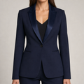 Women's tailored single-button blazer with satin-finish lapels in navy – front view