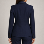 Women's tailored single-button blazer with satin-finish lapels in navy – back view