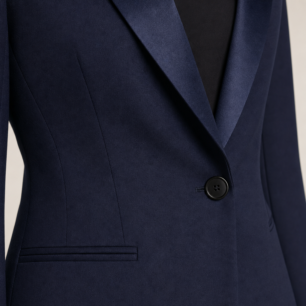 Women's tailored single-button blazer with satin-finish lapels in navy – detail close-up