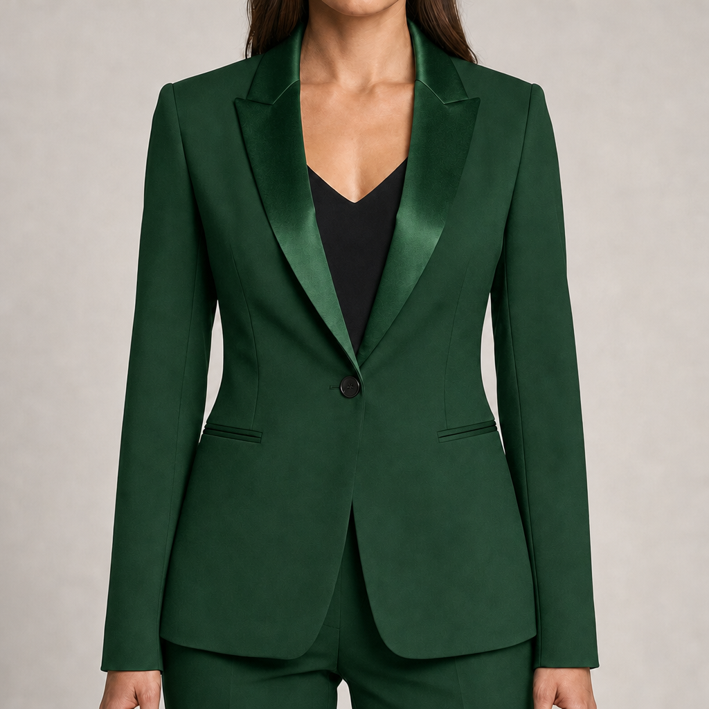Women's tailored single-button blazer with satin-finish lapels in green – front view