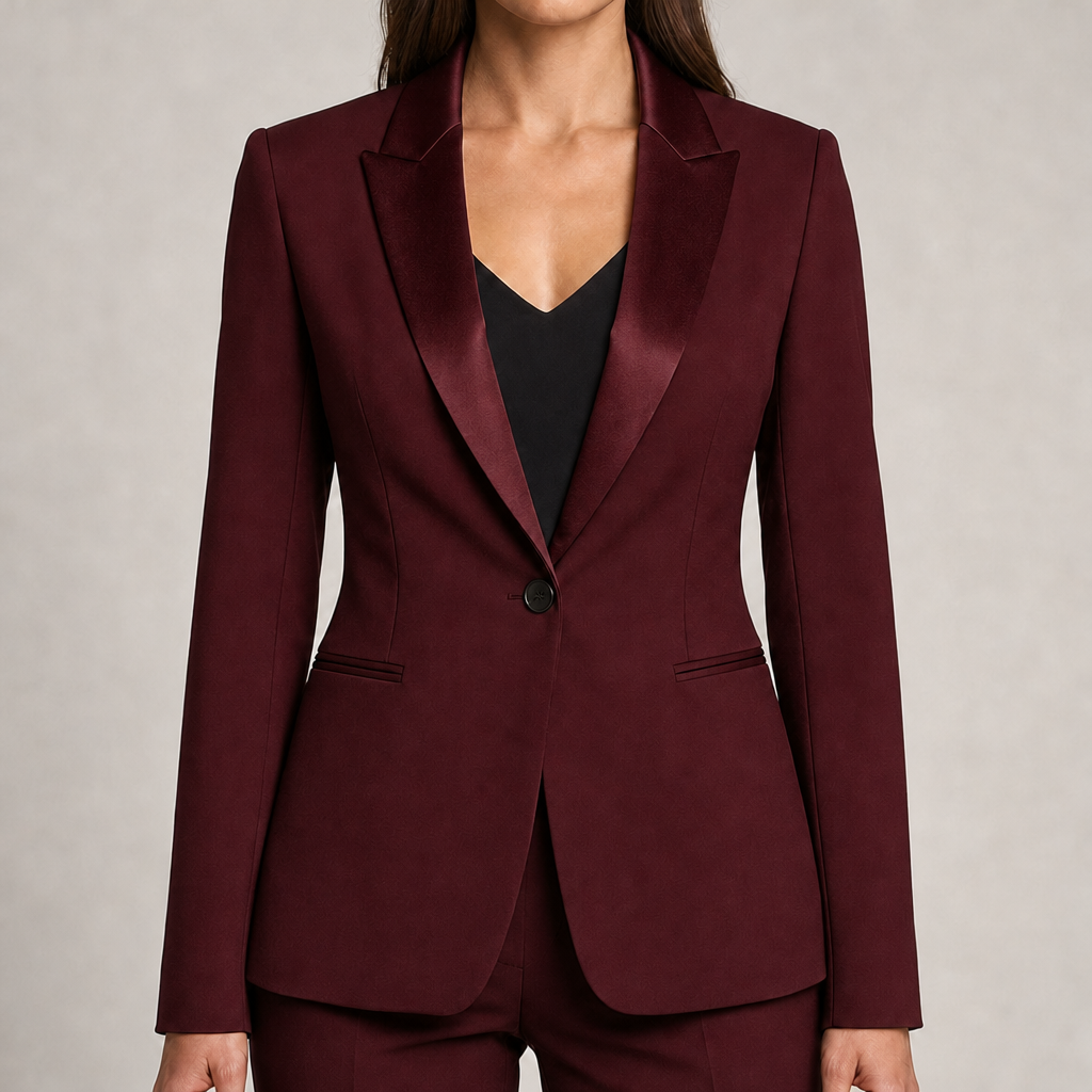Women's tailored single-button blazer with satin-finish lapels in burgundy – front view