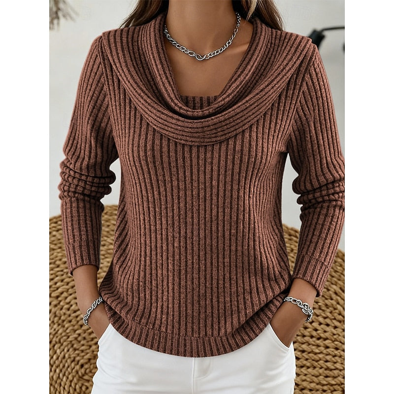 Women's Soft Draped Neck Rib Knit Jumper – Dark Brown