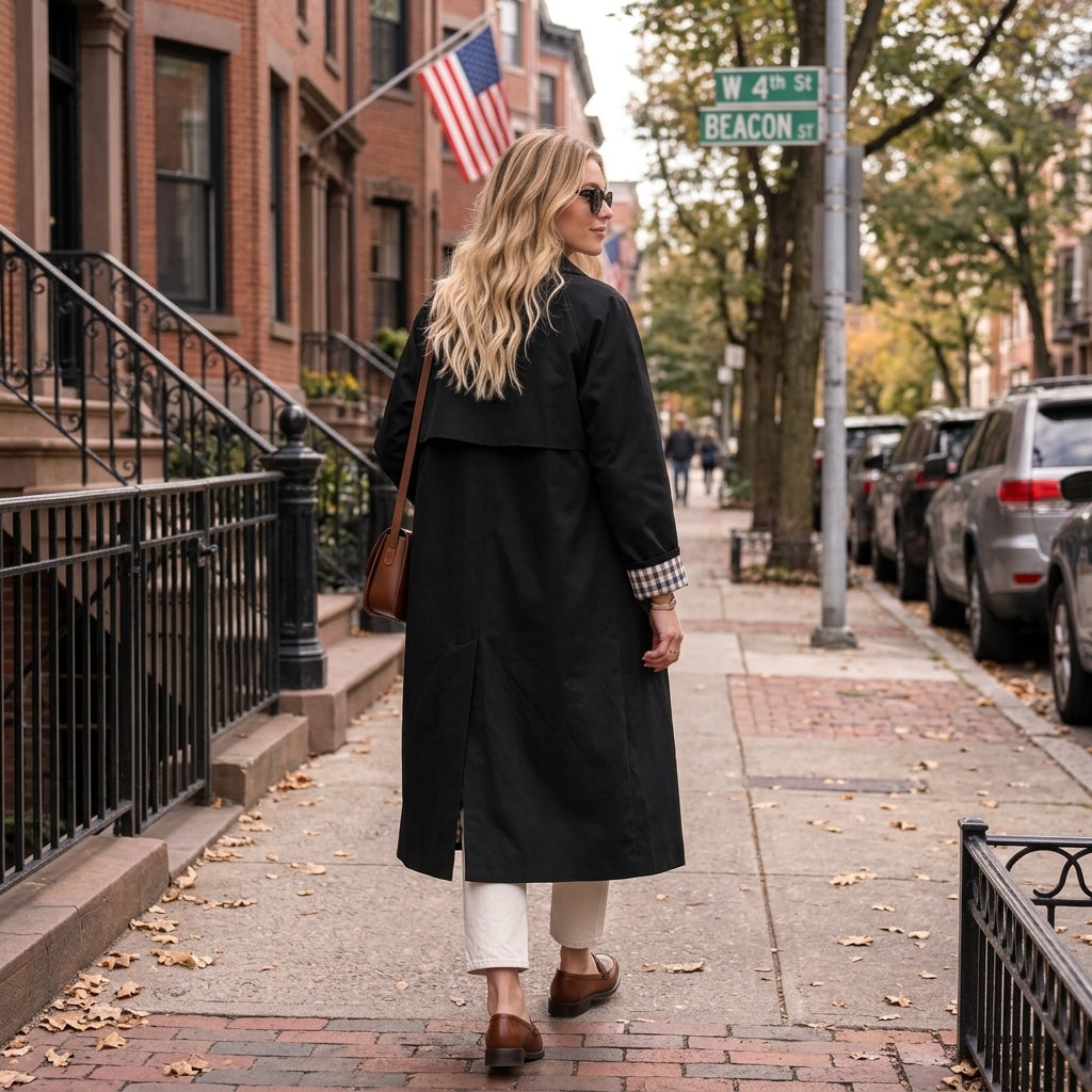 Women's Longline Single-Breasted Trench Coat with Check Lining