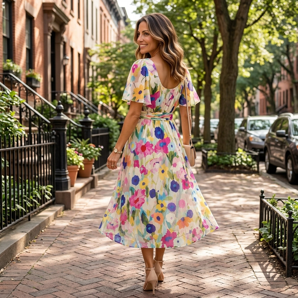 Women's Printed V-Neck Midi Dress with Flutter Sleeves