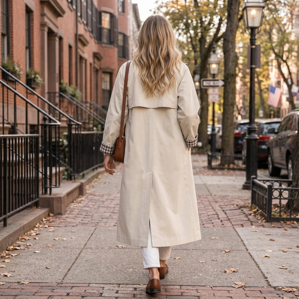 Women's Longline Single-Breasted Trench Coat with Check Lining