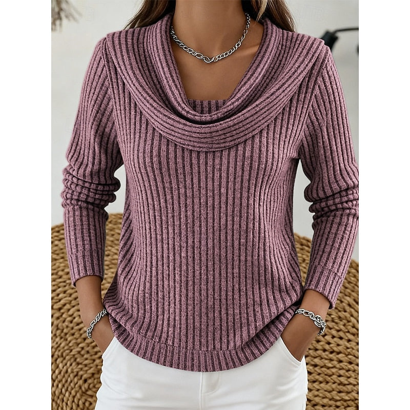 Women's Soft Draped Neck Rib Knit Jumper – Purplish-red